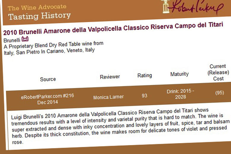 ROBERT PARKER & WINE ADVOCATE: 93 POINTS - AMARONE RISERVA CAMPO DEL TITARI